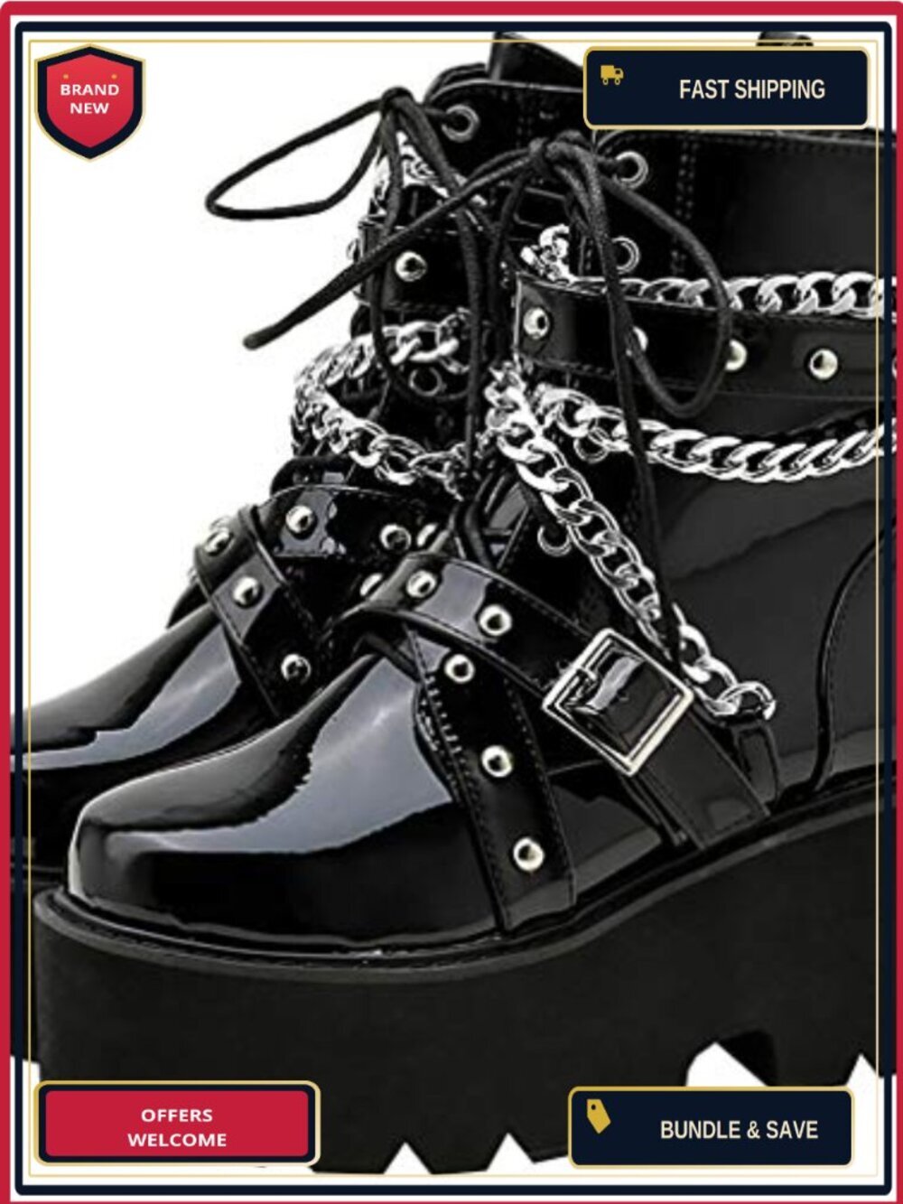 Patent Leather Punk Goth Ankle Combat Boots, Platform Chunky Lace Up Booties